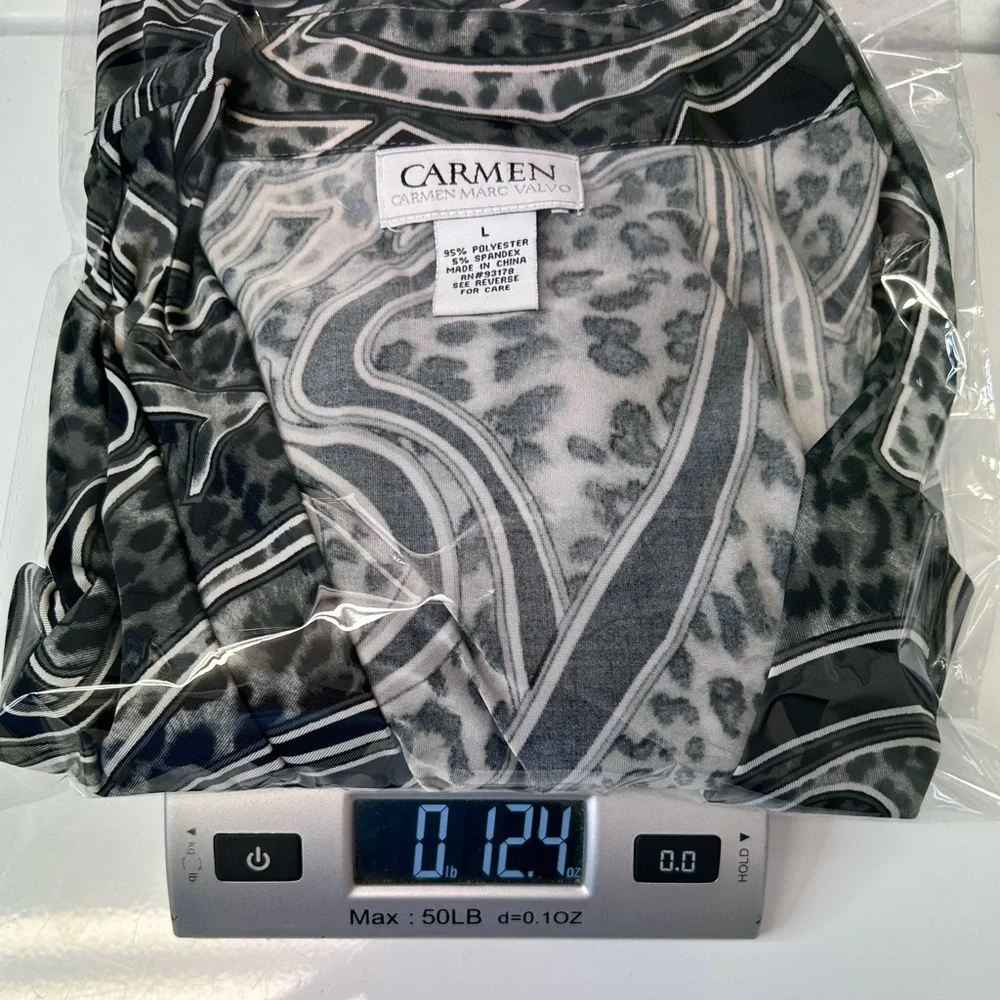 Carmen Marc Valvo Women’s 3/4 Sleeve Wrap Blouse Abstract Leopard Black/White L - Picture 10 of 10